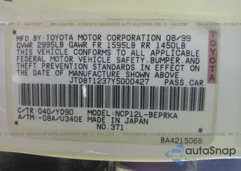 2000 Toyota Echo from USA, damaged, VIN JTDBT1237Y5000427